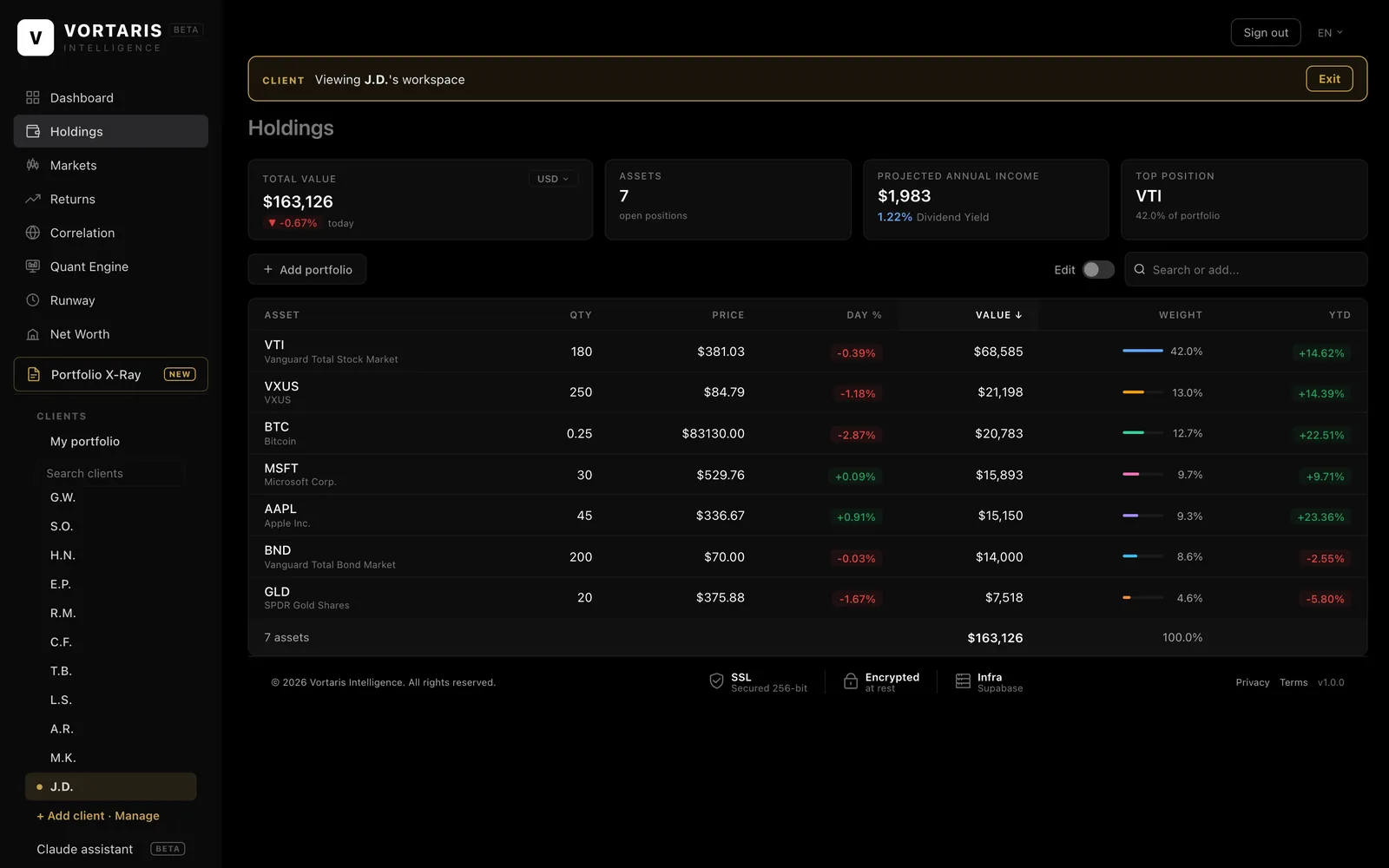 Vortaris advisor workspace showing client J.D.&rsquo;s holdings, with the client list and search in the sidebar